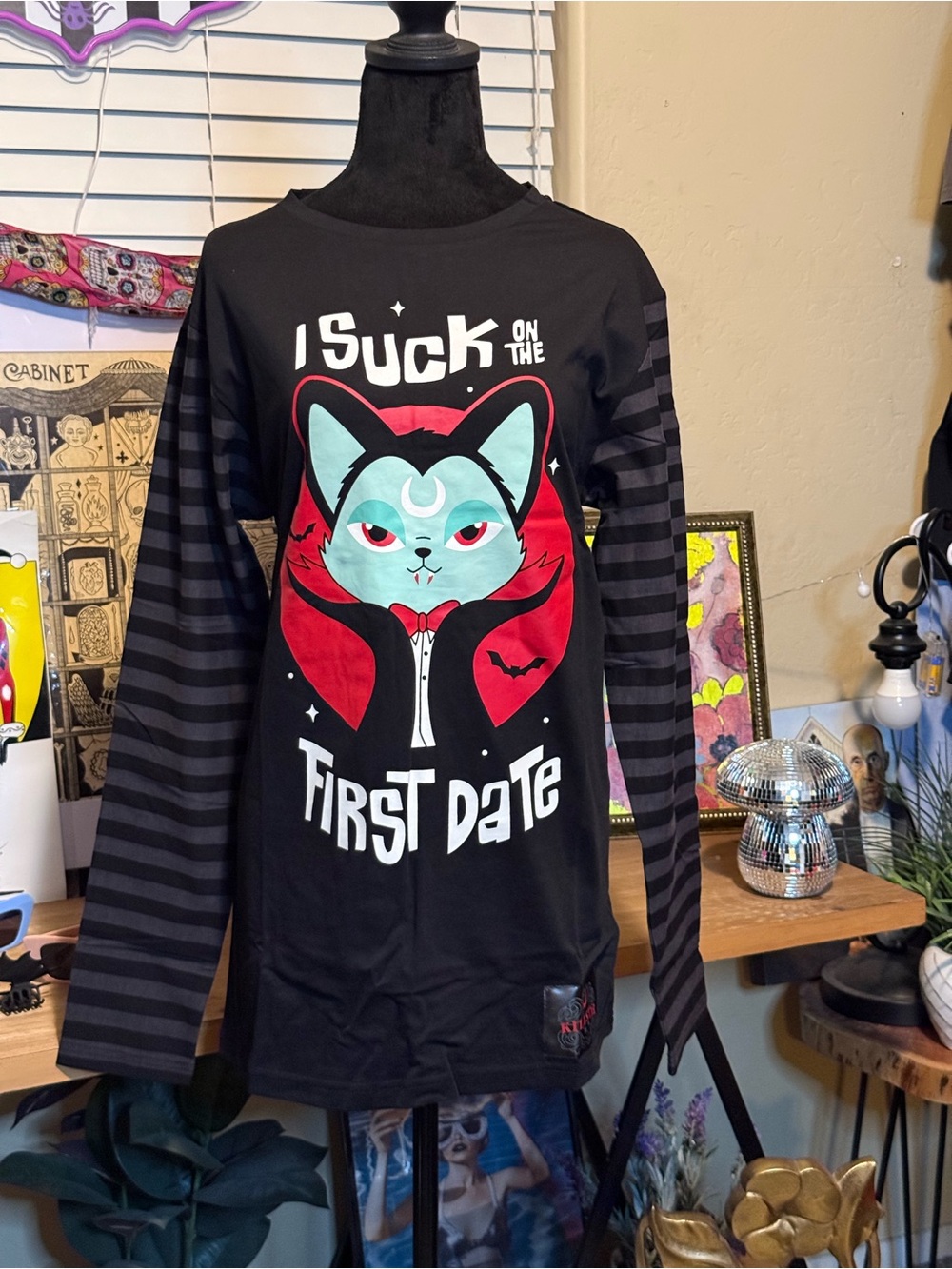 Killstar Black Striped Long Sleeve Tee with Red and Teal Vampire Cat Graphic